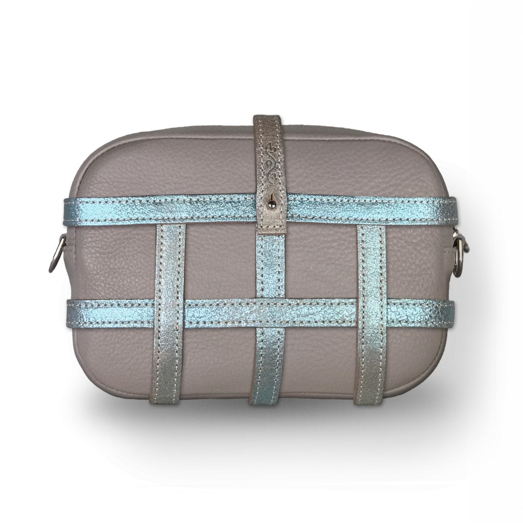 Cage bag, Pochette cuir gris cage cuir turquoise